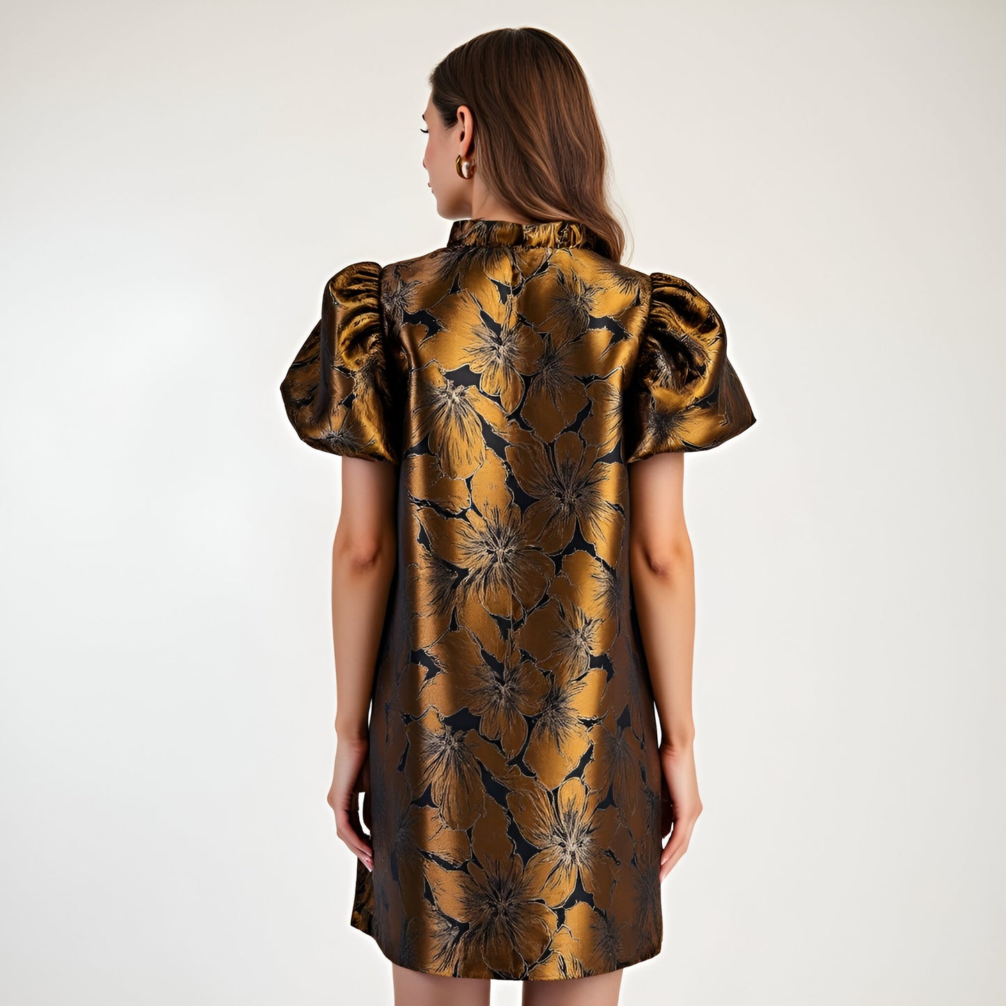 Metallic Floral Puff Sleeve Dress with Ruffled Collar and A-Line Silhouette
