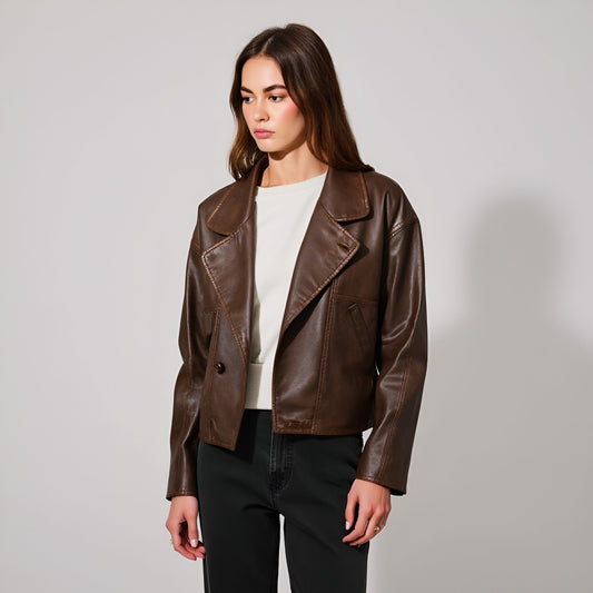 Faux Leather Cropped Jacket with Notched Lapels and Single-Breasted Closure