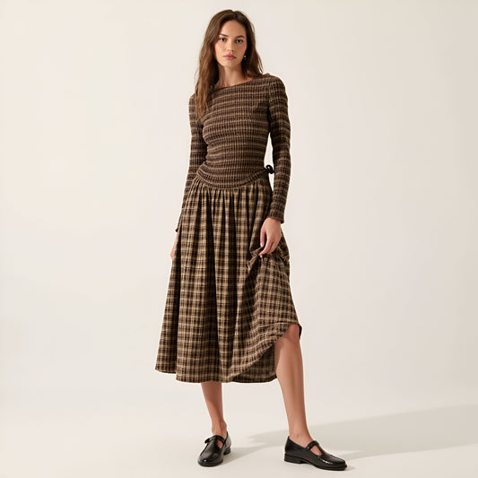 Plaid Long Sleeve Midi Dress with Fitted Bodice and Gathered Skirt