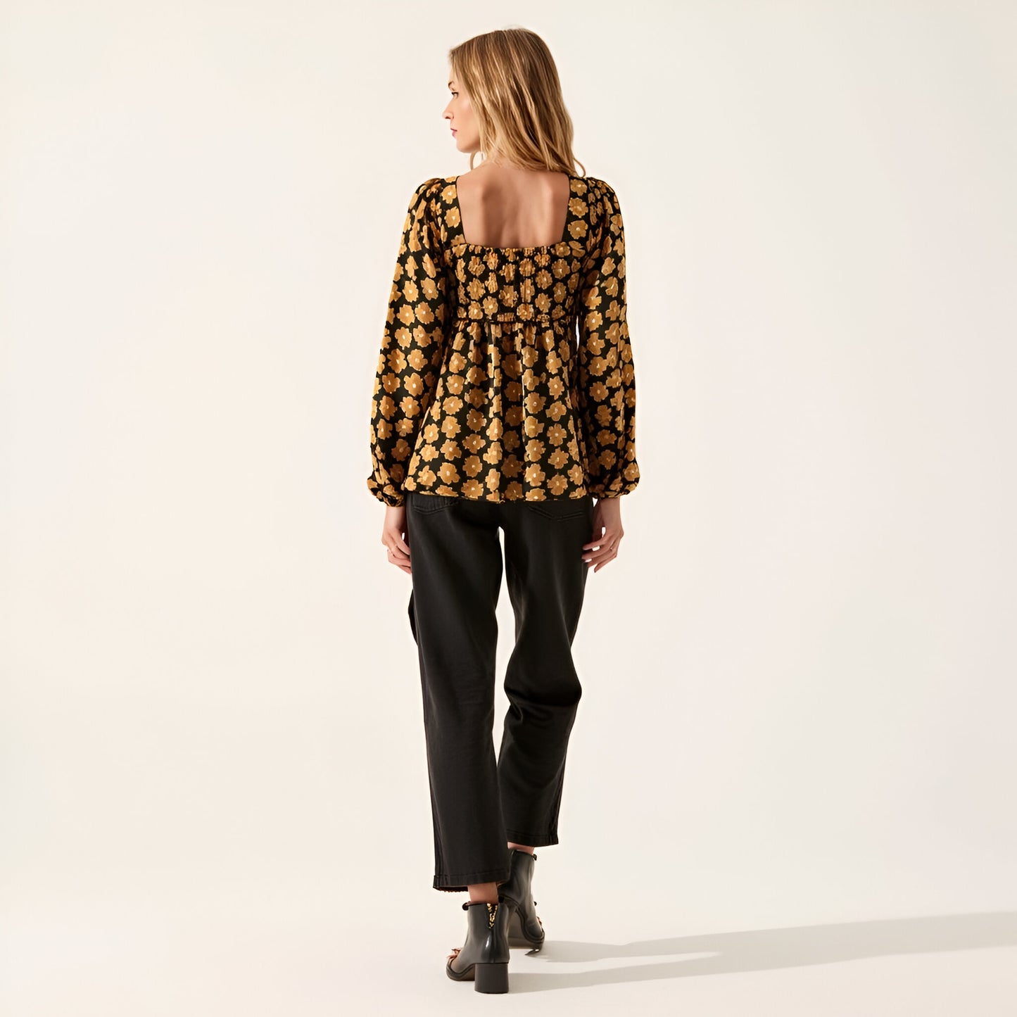 Floral Print Smocked Bodice Long Sleeve Top with Square Neckline