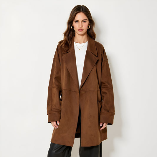 Oversized Faux Suede Coat with Wide Lapels and Side Pockets