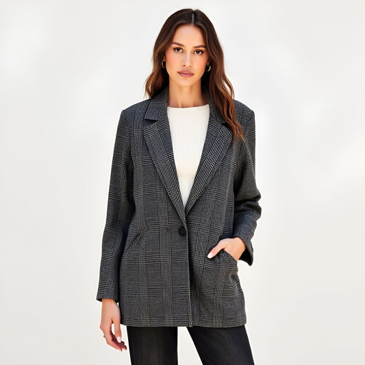 Plaid Single-Breasted Blazer with Notched Lapels and Front Pockets