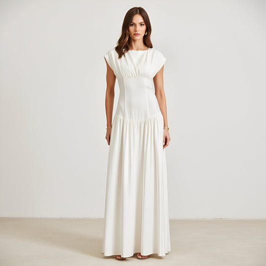 Cap Sleeve Maxi Dress with Gathered Bodice and Lace-Up Back Detail