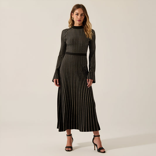 Striped Rib-Knit Long Sleeve Maxi Dress with Mock Neck