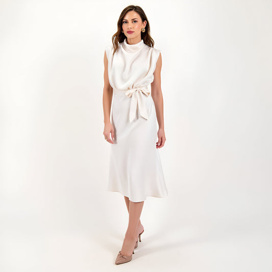 Sleeveless Satin Midi Dress with Cowl Neck and Waist Tie Detail