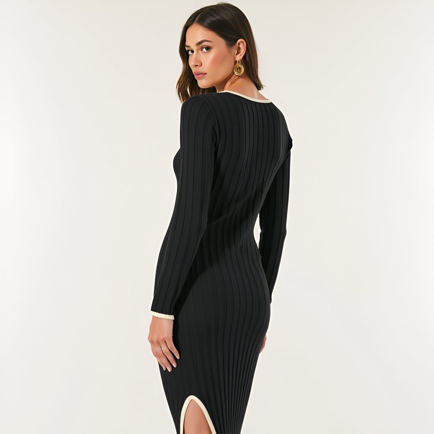 Ribbed Knit Long Sleeve Midi Dress with Contrast Trim and Side Slit