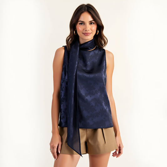 Jacquard Sleeveless Top with Draped Neck Tie and Subtle Floral Texture