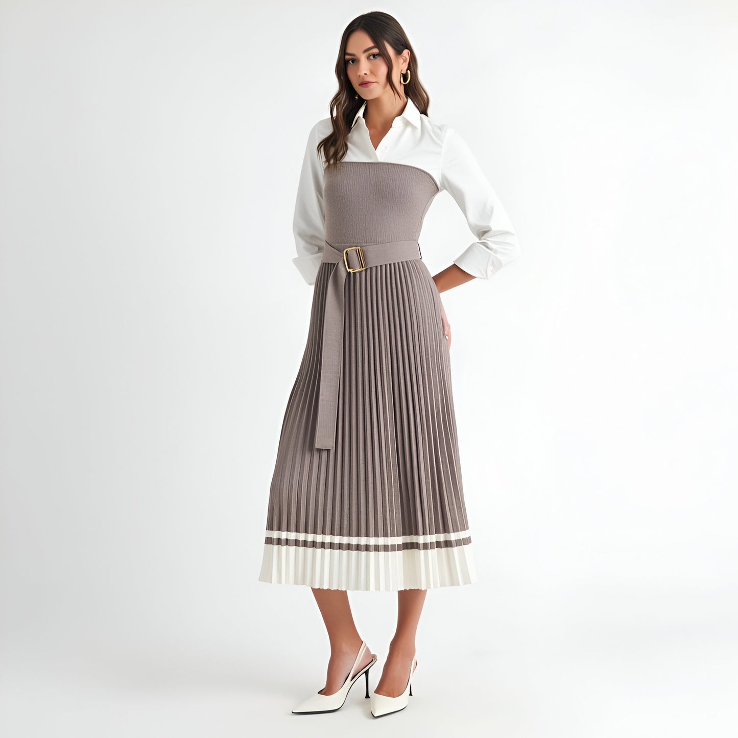 Pleated Midi Dress with Belted Waist, Shirt Collar and Contrast Hem