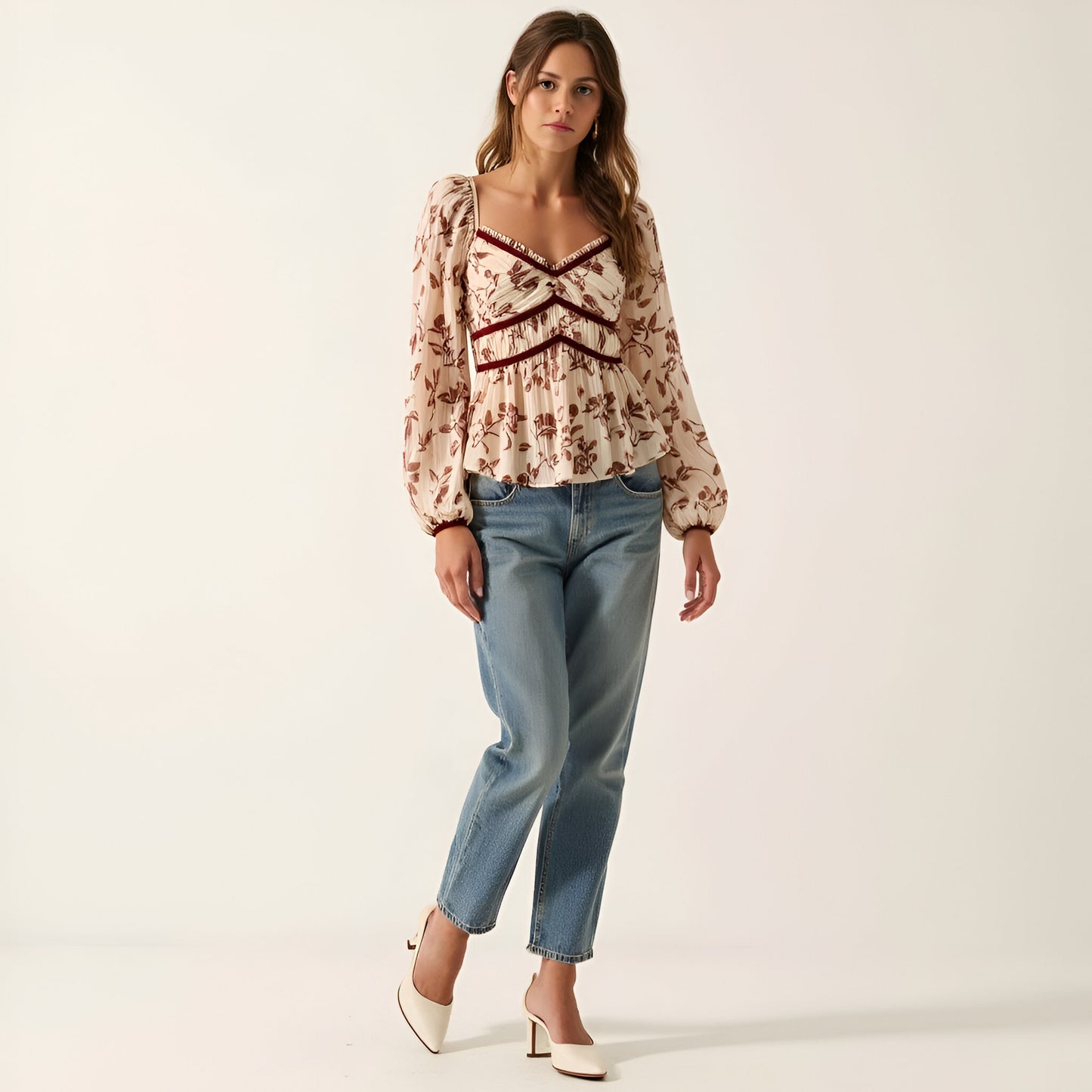 Long Sleeve Floral Print Peplum Top with Velvet Trim Detail