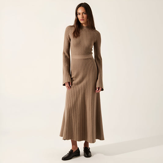 Ribbed Knit Long Sleeve Maxi Dress with Flared Cuffs and Fit-and-Flare Silhouette