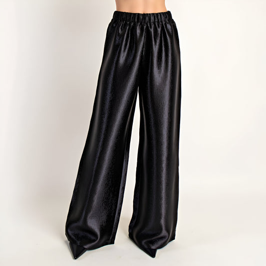 Wide Leg Satin Pants with Elastic Waist and Flowing Full-Length Fit
