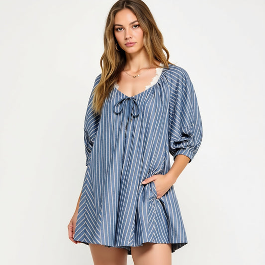 Striped V-Neck Romper with 3/4 Sleeves and Front Tie Detail