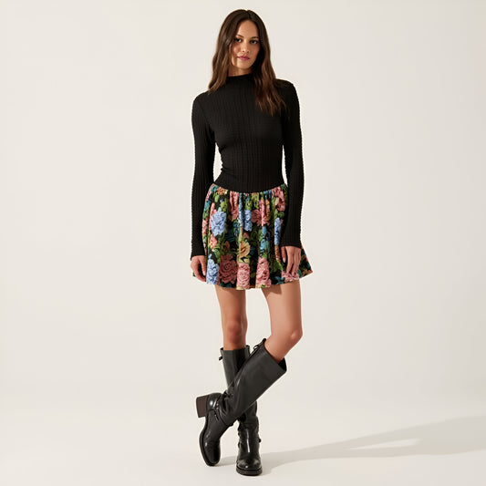Rib-Knit Mock Neck Long Sleeve Dress with Floral Skirt