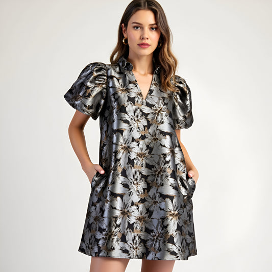 Shimmer Jacquard Mini Dress with Puff Sleeves and Split V-Neckline