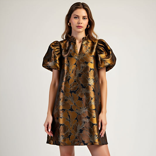 Metallic Floral Puff Sleeve Dress with Ruffled Collar and A-Line Silhouette