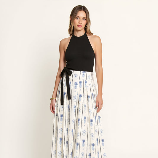 Halter Rib-Knit Bodice and Printed Pleated Skirt Maxi Dress with Side Tie