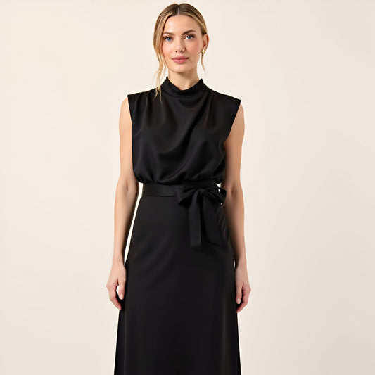 Sleeveless Mock Neck Midi Dress with Waist Tie and Flared Hem