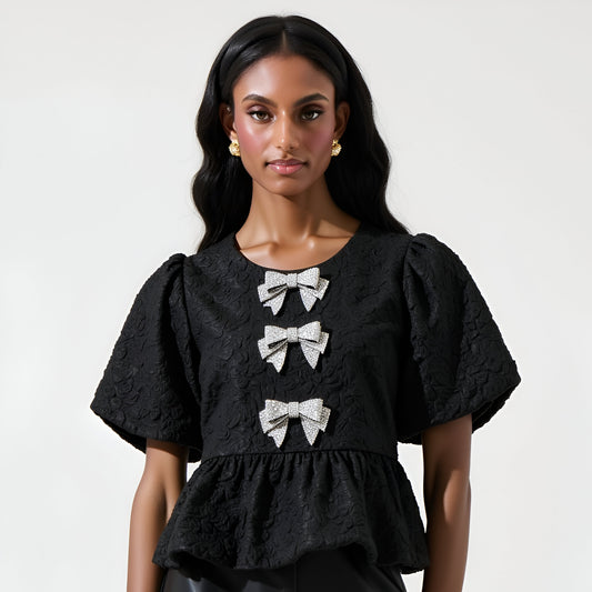 Jacquard Puff Sleeve Peplum Top with Crystal Bow Embellishments