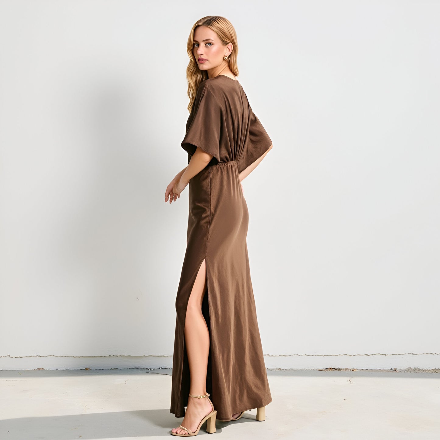 V-Neck Maxi Dress with Gathered Empire Waist and Flutter Sleeves