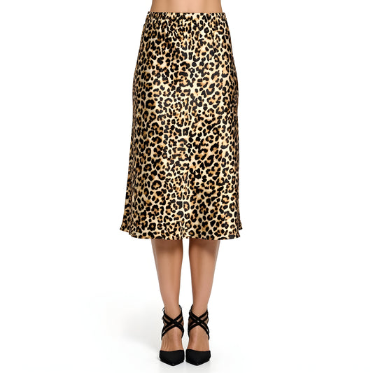 Leopard Print Satin Midi Skirt with Bias Cut and Elastic Waistband