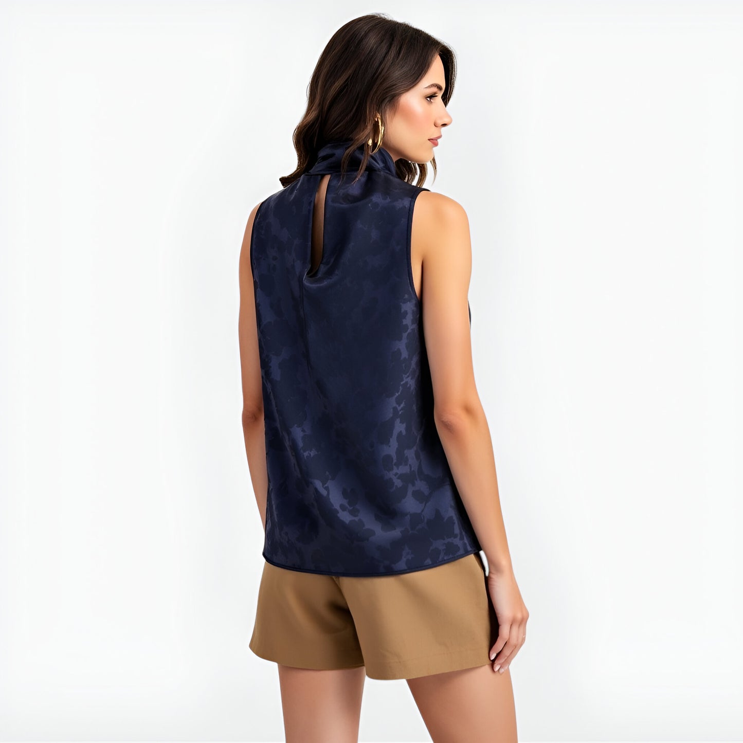 Jacquard Sleeveless Top with Draped Neck Tie and Subtle Floral Texture